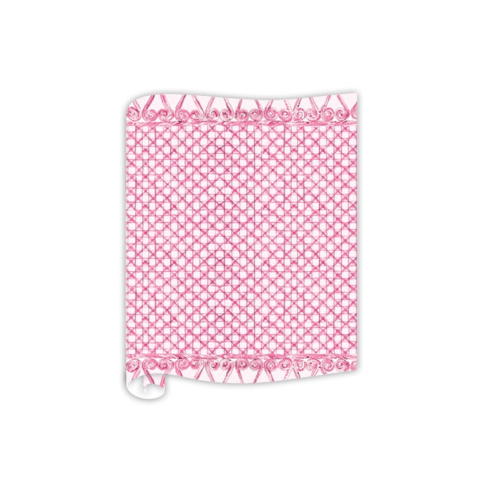 Pink woven patterned paper table runner with decorative border, 20" x 12 ft.
