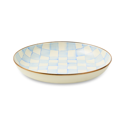 Hand-glazed steel serving bowl with hand-painted sky blue checks pattern on a bronzed stainless-steel rim.