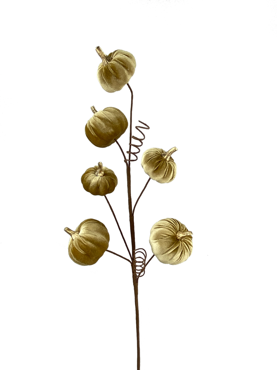 28-inch decorative spray featuring five gold velvet pumpkins on a brown wire stem.