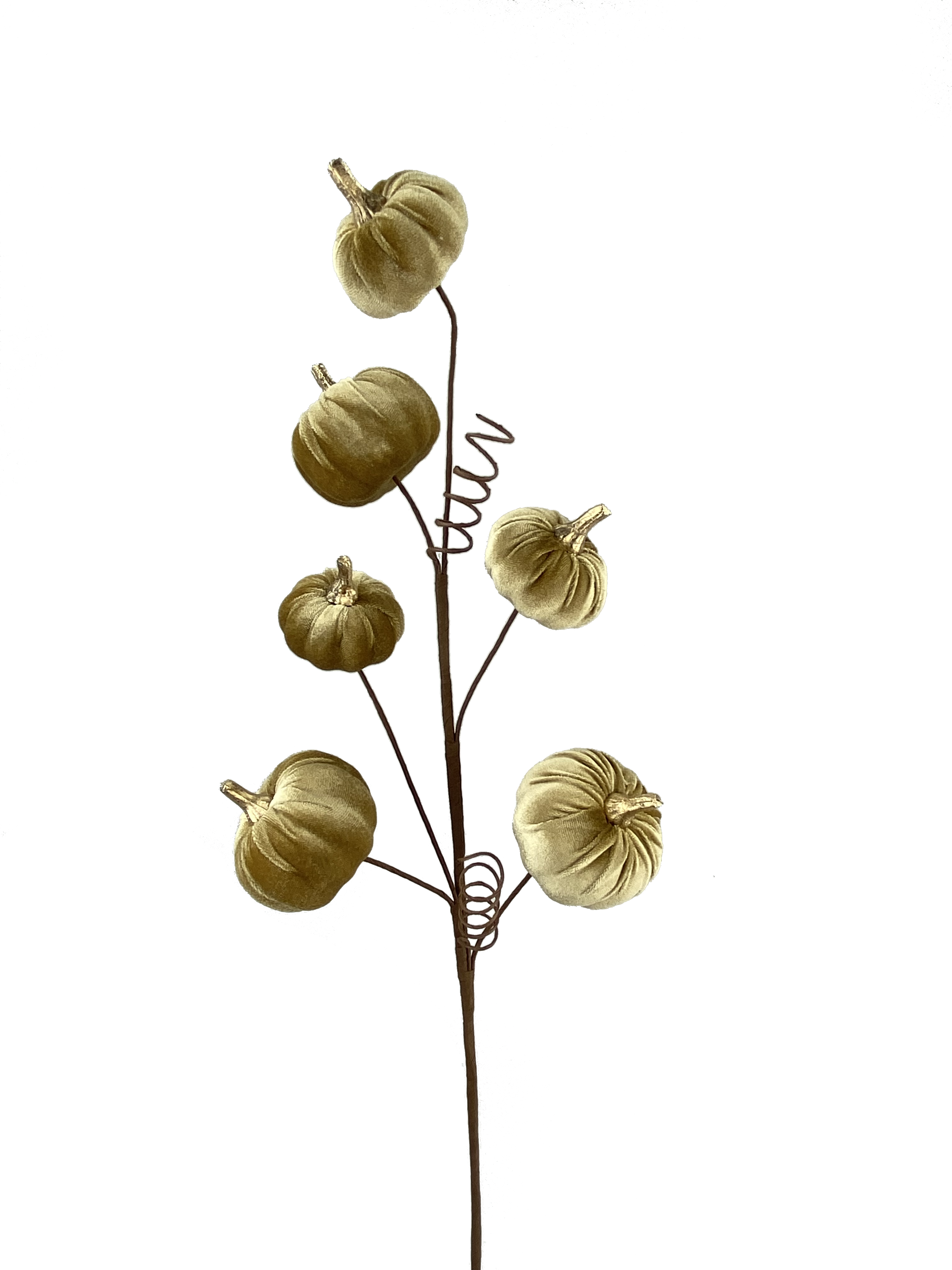 28-inch decorative spray featuring five gold velvet pumpkins on a brown wire stem.