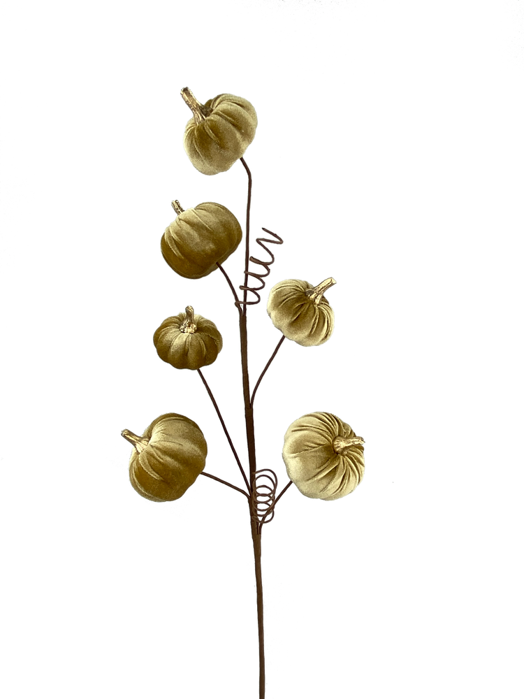 28-inch decorative spray featuring five gold velvet pumpkins on a brown wire stem.