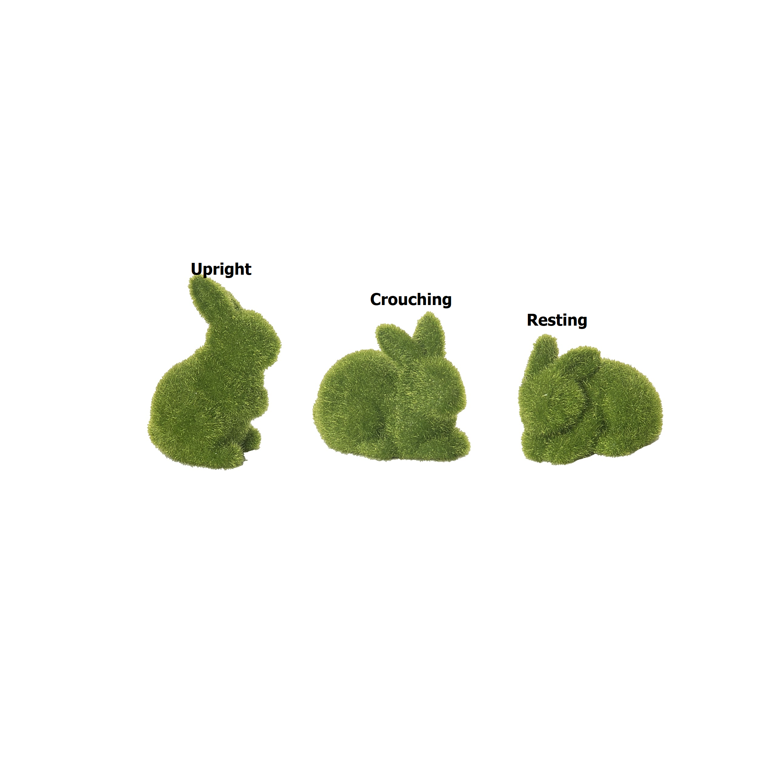 Set of three moss green flocked bunny figurines on a square base.
