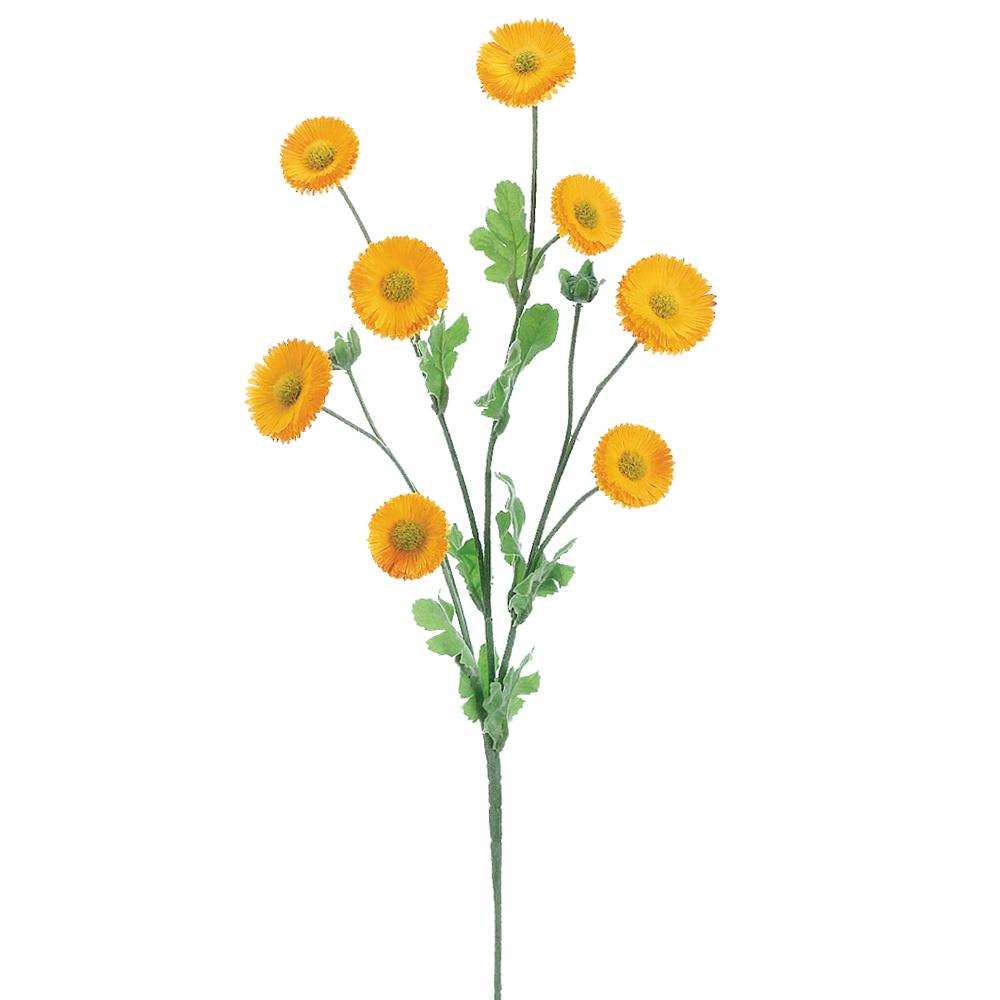 Polyester artificial daisy spray with plastic petals in white and yellow tones on a wire stem.