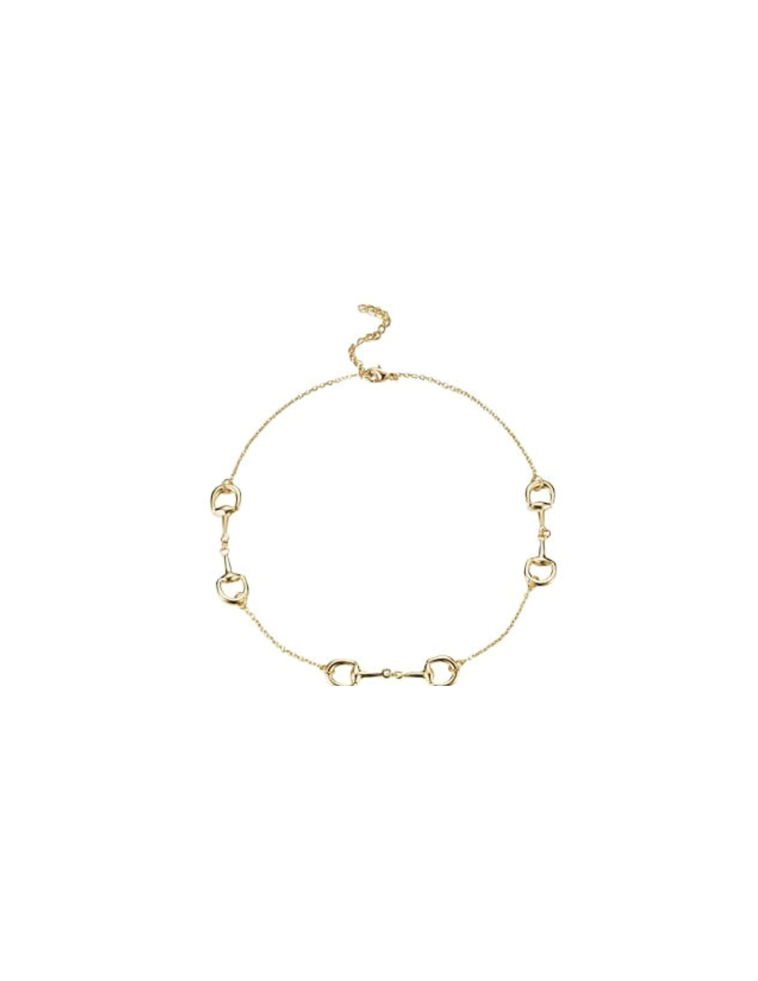 Gold horse bit station necklace with a delicate chain and adjustable lobster clasp.