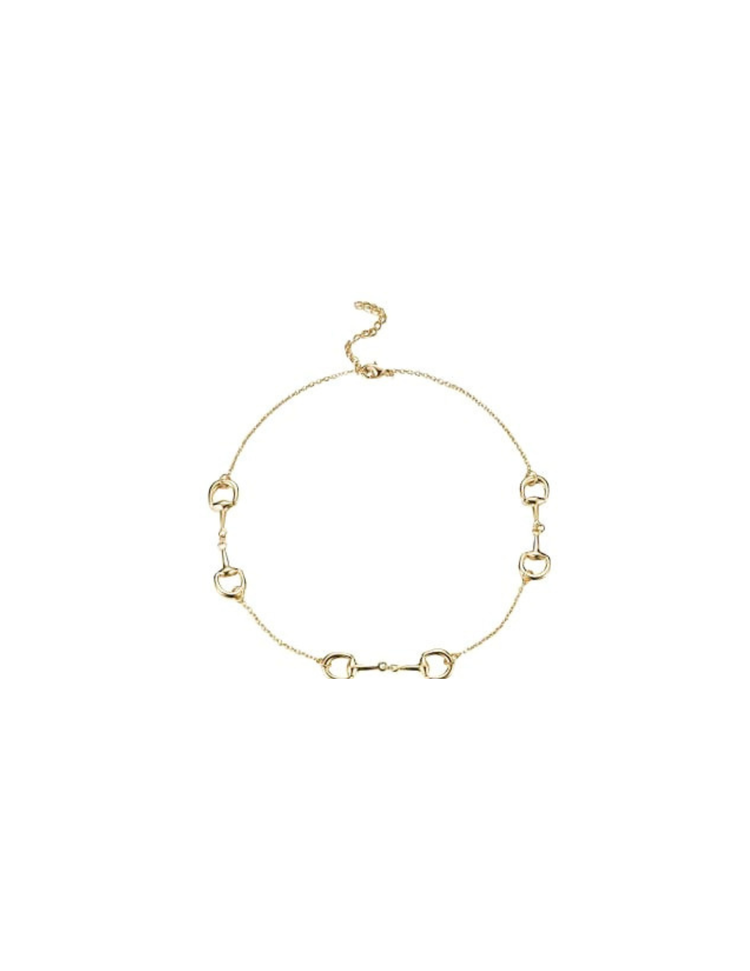 Gold horse bit station necklace with a delicate chain and adjustable lobster clasp.