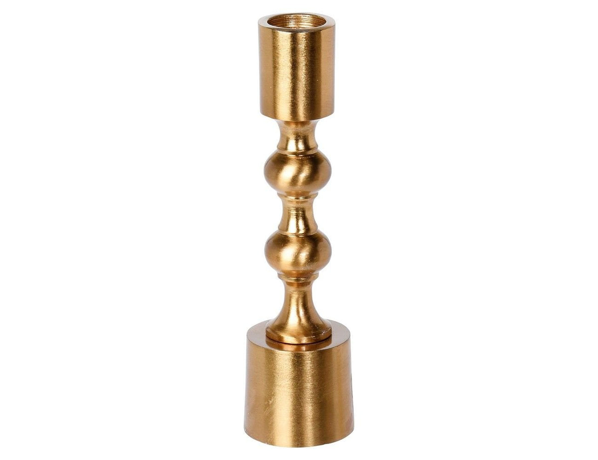 Gold metal candle holder with a tiered, spindle-style stem and a solid cylindrical base.