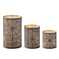 Set of 3 Black Metal Spider Web Cutout Candleholders w/Gold Interio