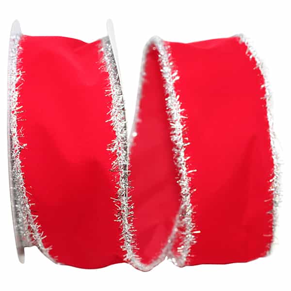Red and silver wired edge ribbon with a metallic finish