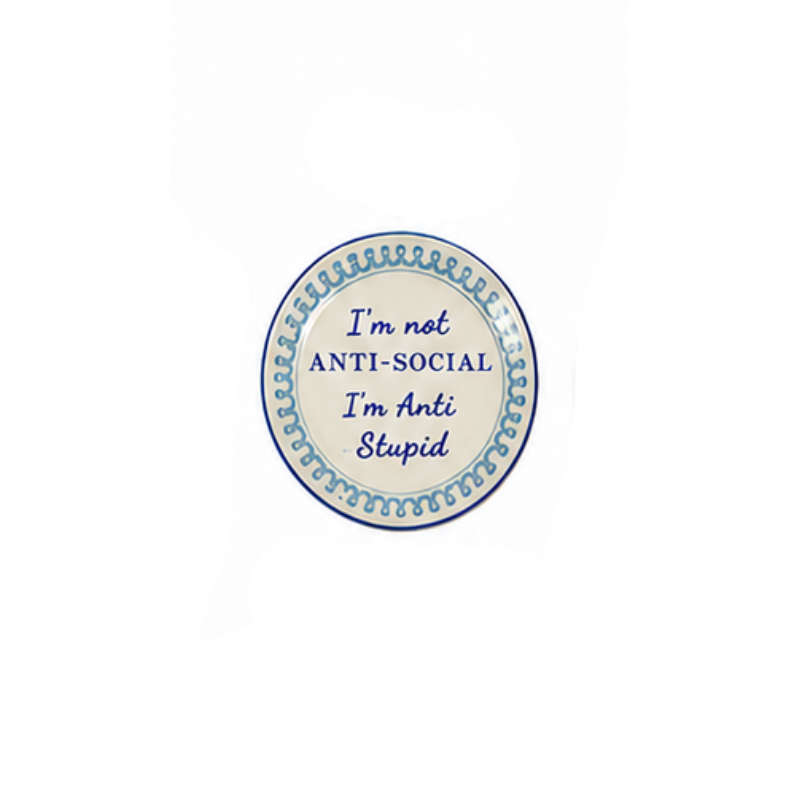 Round hand-painted stoneware magnet with blue script reading: I'm not ANTI-SOCIAL I'm Anti Stupid.
