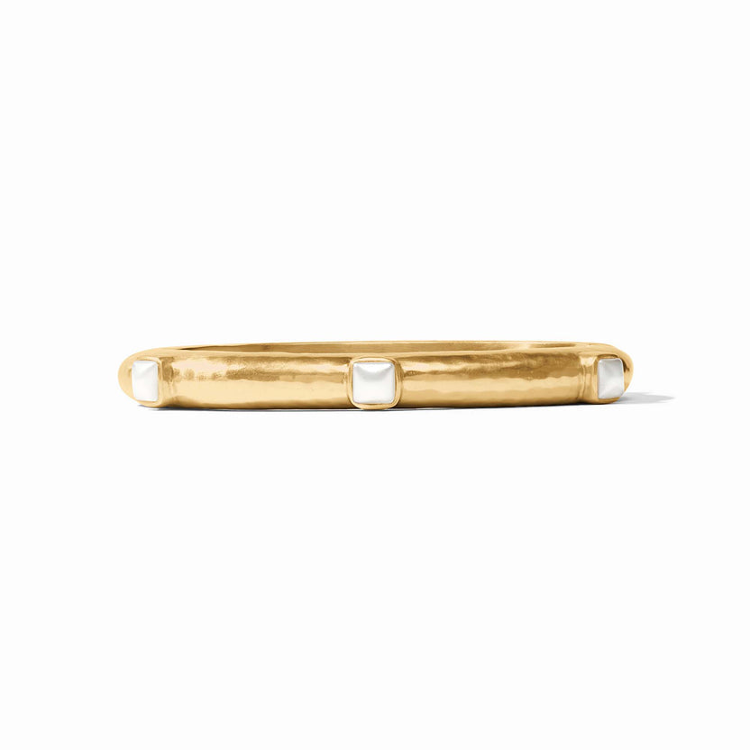 Rose-cut glass bangle with mother-of-pearl accents in hammered gold plate