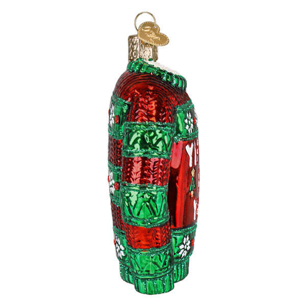Red knit sweater ornament with bold yellow 'Yippee Ki Yay' text stitched across the chest.