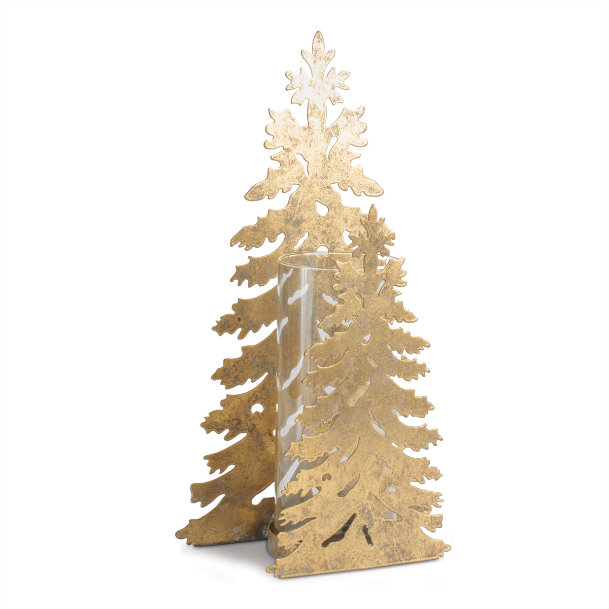 Gold metal tree candle holder with a glass cylinder insert, 14 inches high.