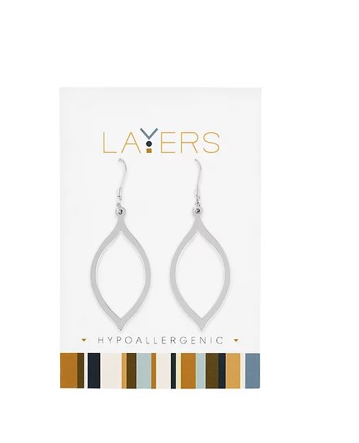 Silver oval dangle layer earrings with a polished metallic finish.