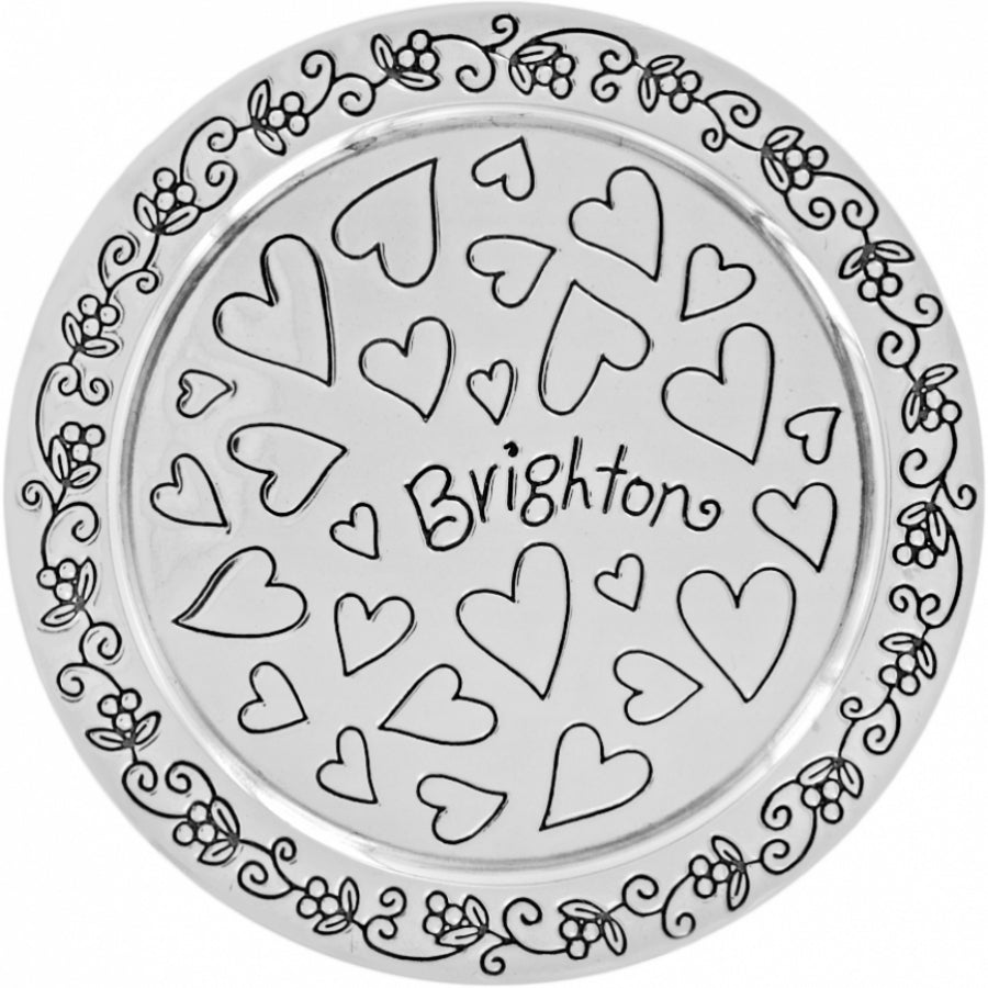Silver Skribbel Round Trinket Box lid featuring engraved hearts and Brighton logo.