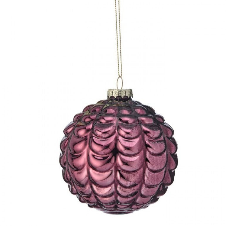 4-inch shiny purple glass Christmas ball ornament with a textured cone scale pattern.