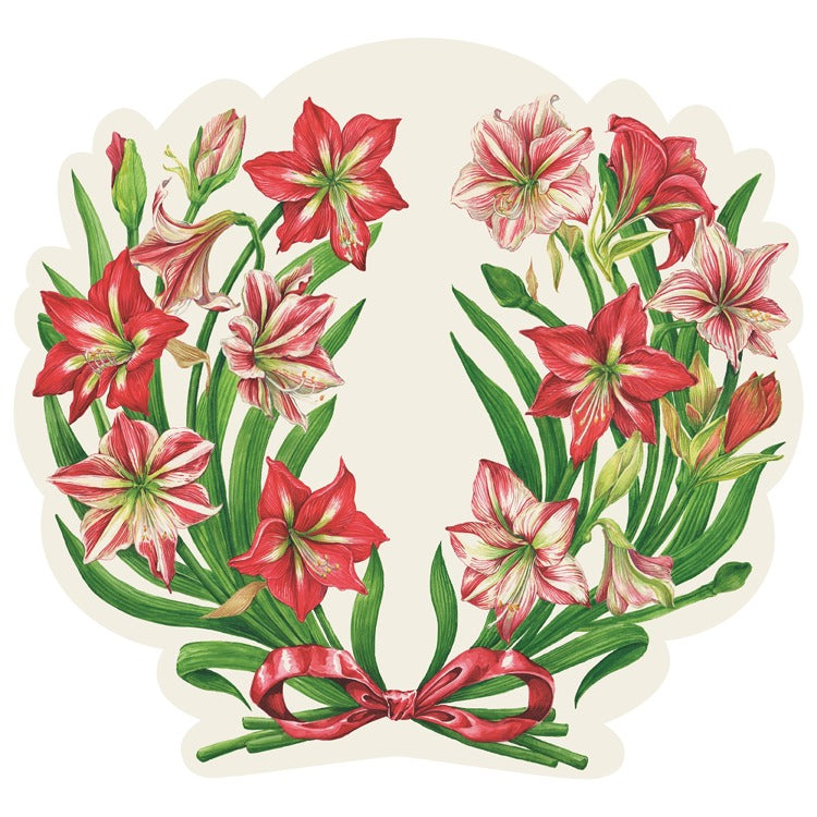 Twelve die-cut paper placemats featuring an amaryllis flower pattern on a neutral background.