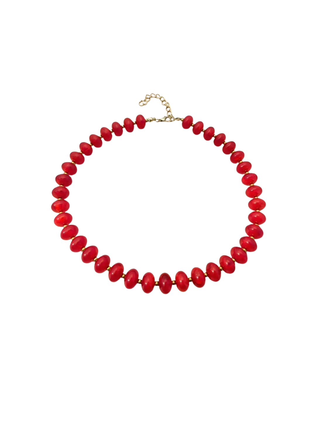 Boho beaded necklace featuring round red beads and a gold-tone adjustable chain clasp.