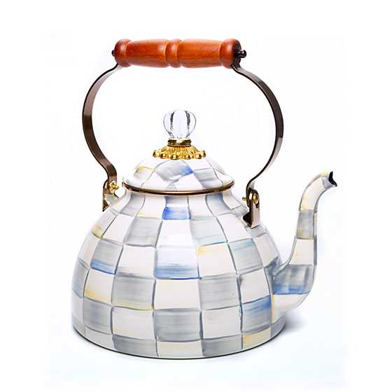 Sterling Check enamel tea kettle with hand-painted grey and blue checks, wood handle and glass knob.