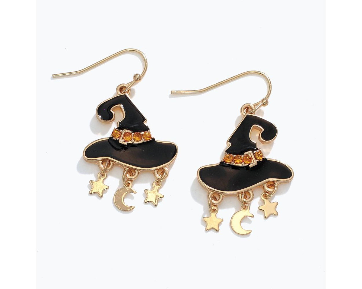 Black witch hat with orange crystals, gold moons, and stars; matching dangling earrings.