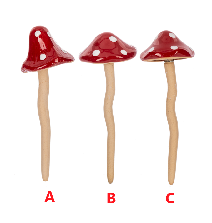 Multi-colored mushroom-shaped plant pick with a curved stem.
