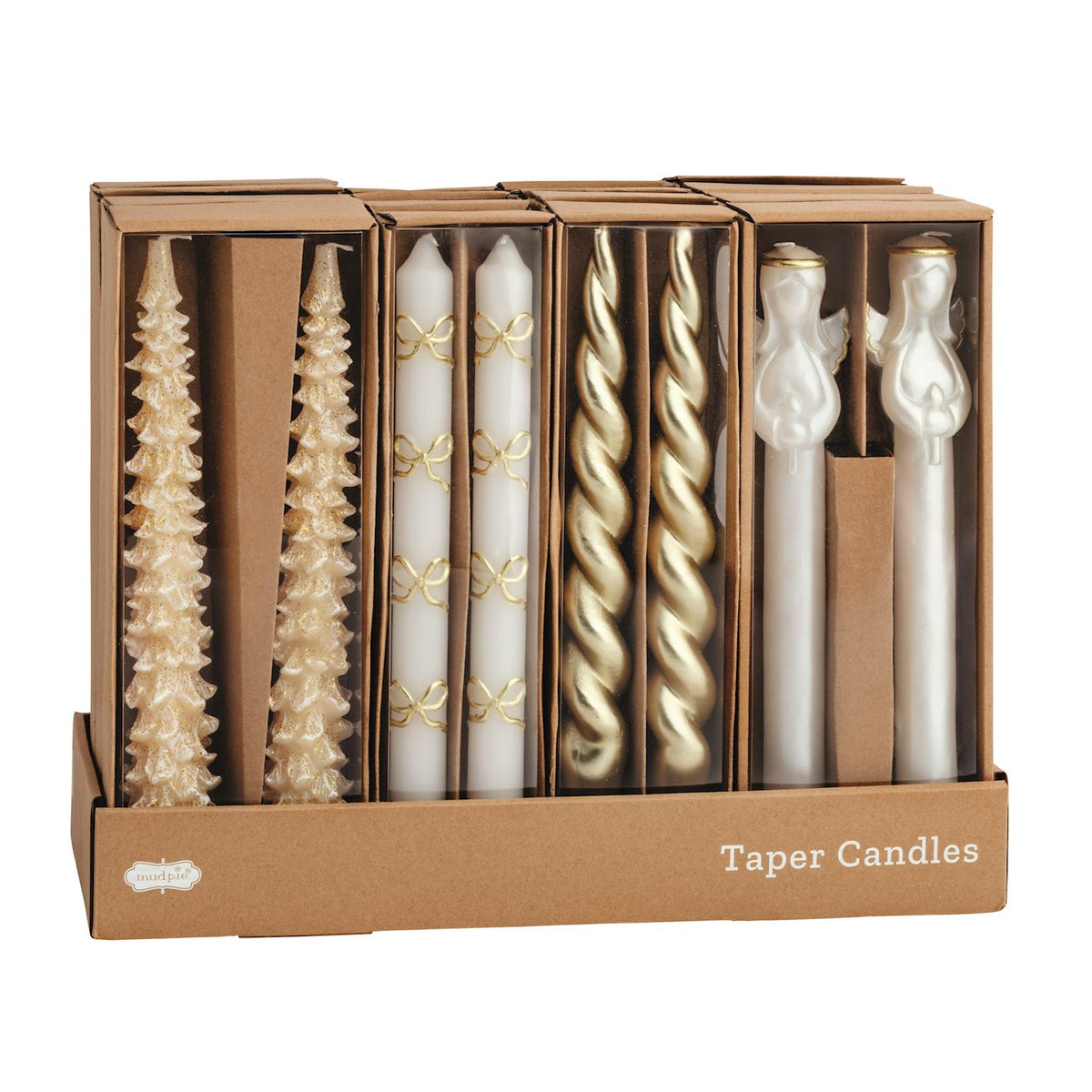 Set of gold taper Christmas candles with a classic tapered silhouette.