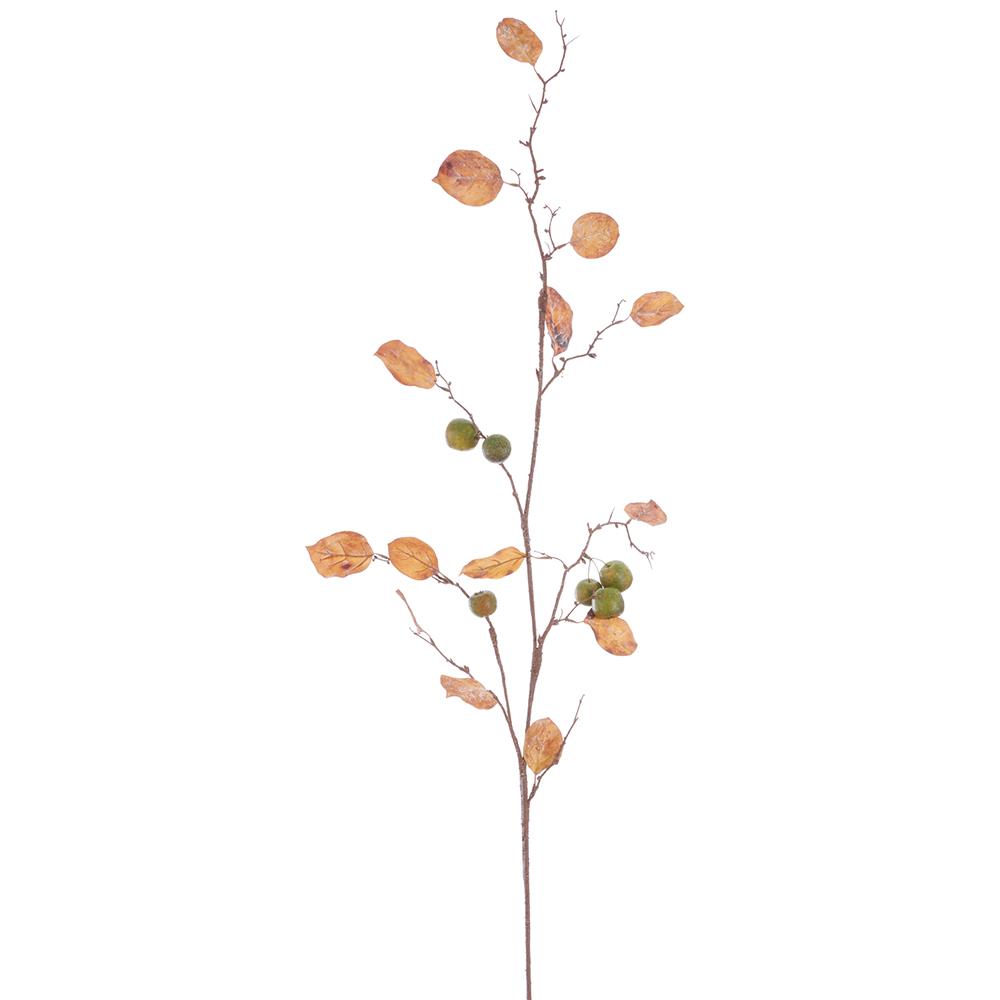 51-inch artificial mini apple spray with green fruit, brown leaves, and a slender brown stem.