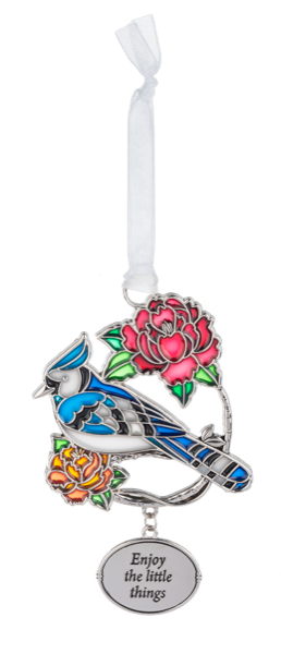 Zinc Blooms & Birds ornament featuring a bird perched among floral branches.