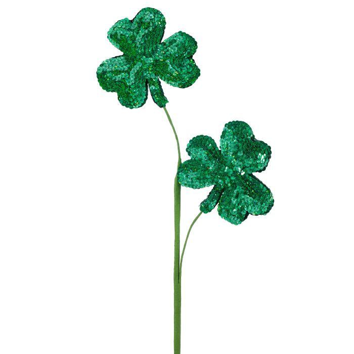 Twenty-one inch double sequin shamrock stem with five-pointed clover pattern and silver metallic finish.