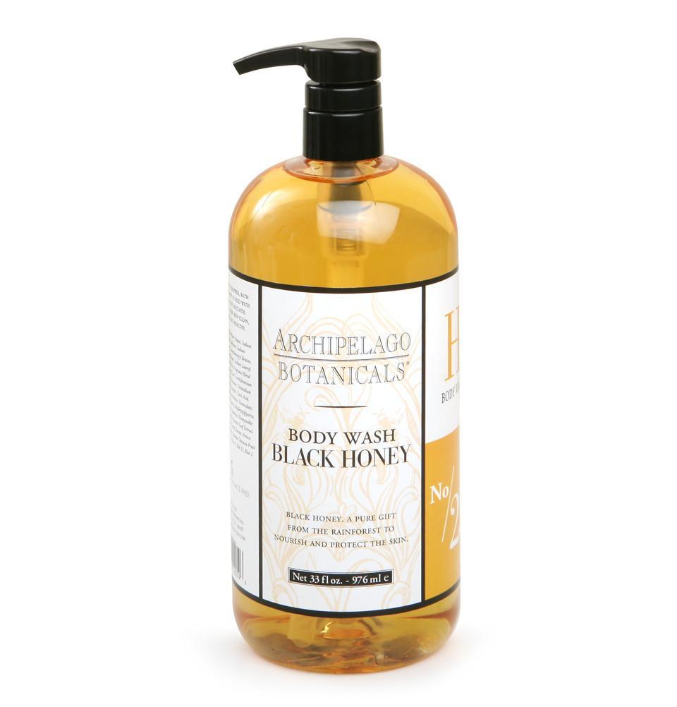 Black Honey 33oz body wash bottle with a black pump dispenser against a white background.