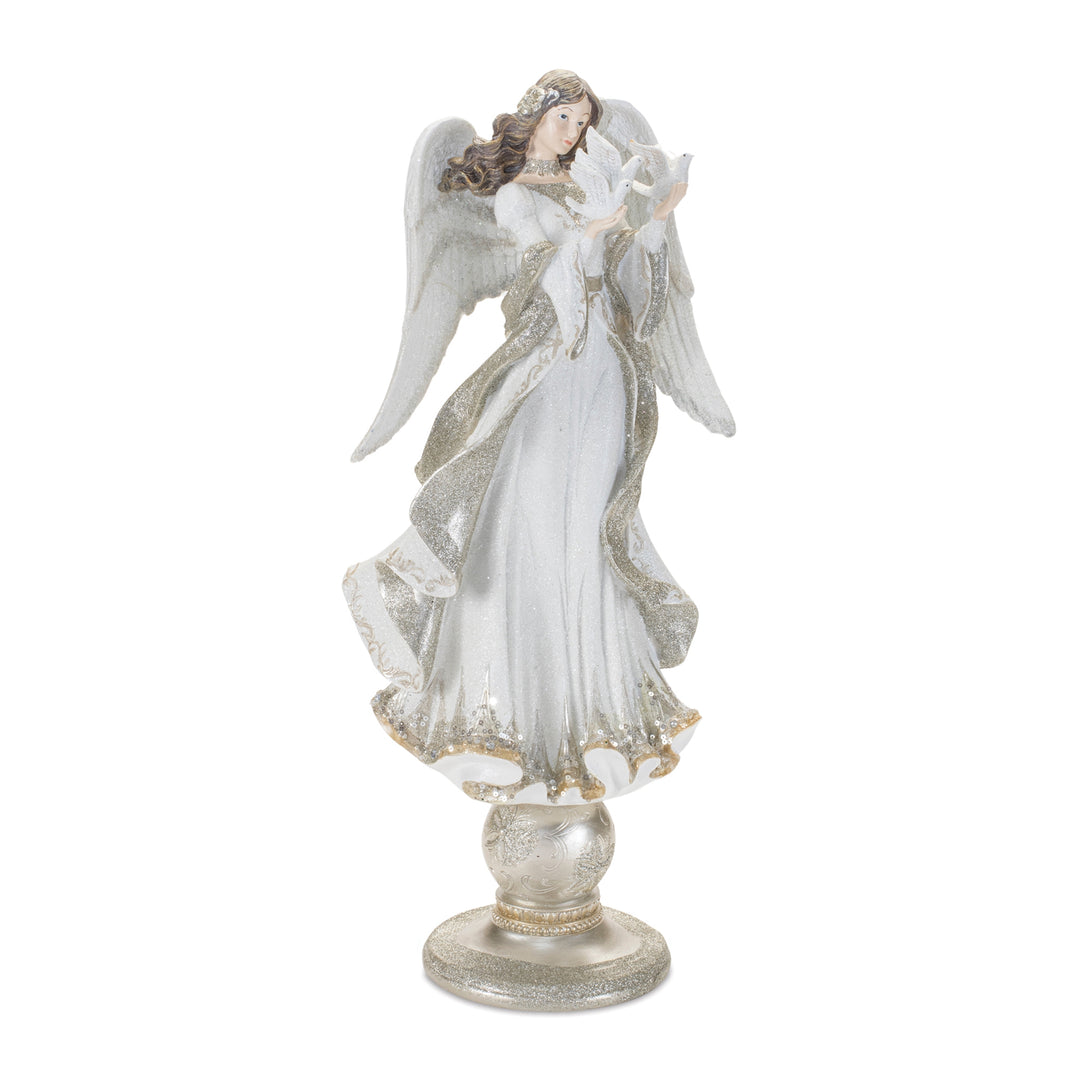 20-inch tall resin angel figurine holding a dove, featuring white and silver glitter accents.