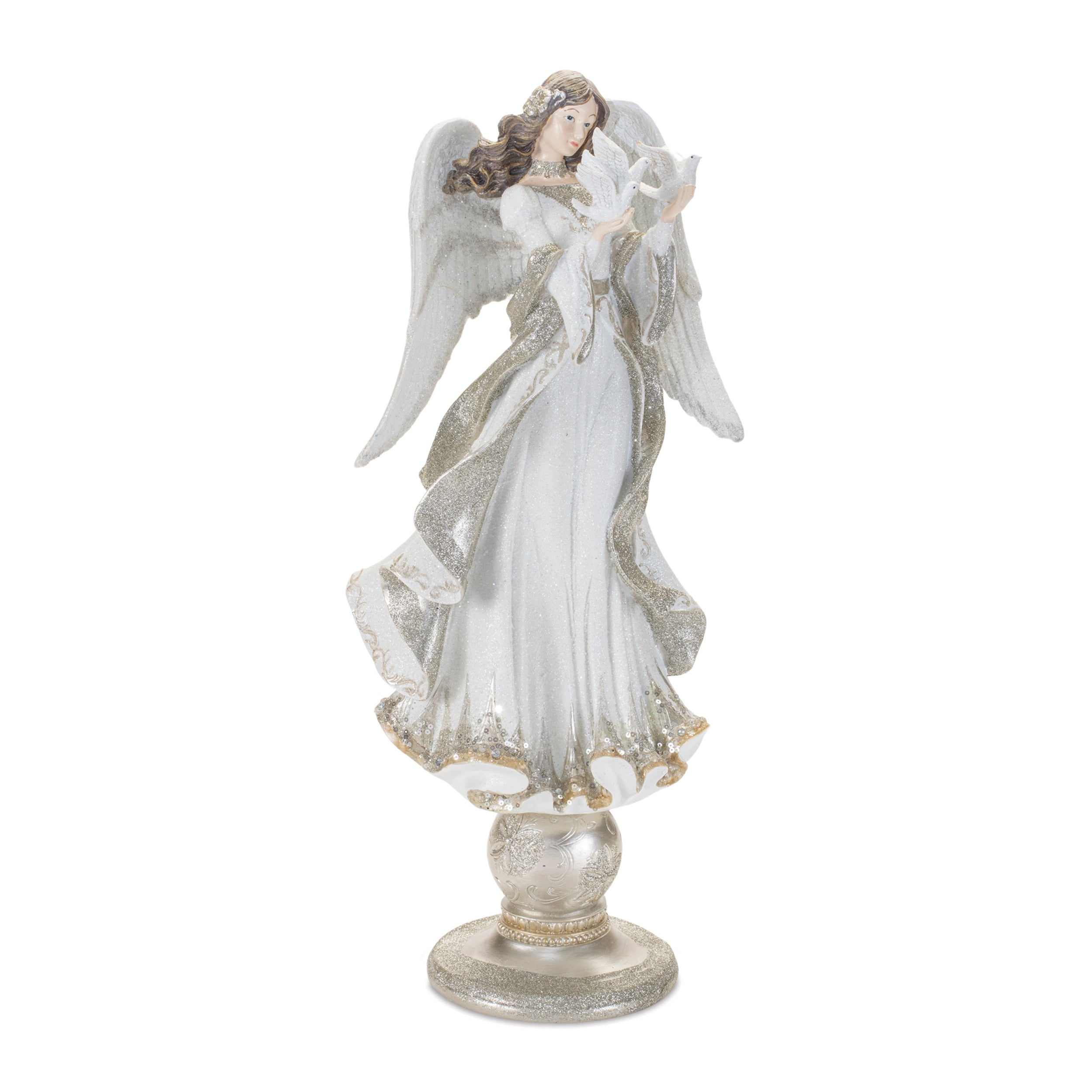 20-inch tall resin angel figurine holding a dove, featuring white and silver glitter accents.