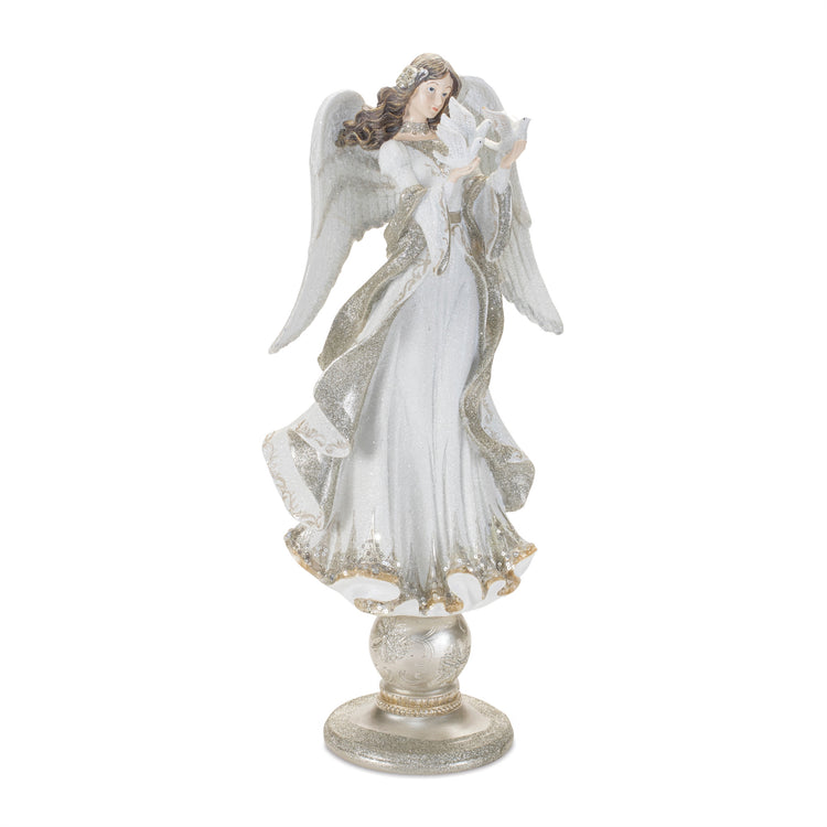 20-inch tall resin angel figurine holding a dove, featuring white and silver glitter accents.