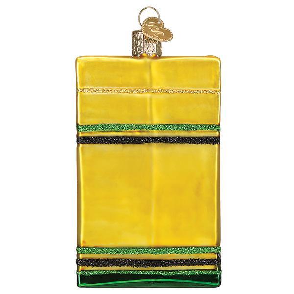Glass box of crayons Christmas ornament in yellow with green and black glitter stripes.