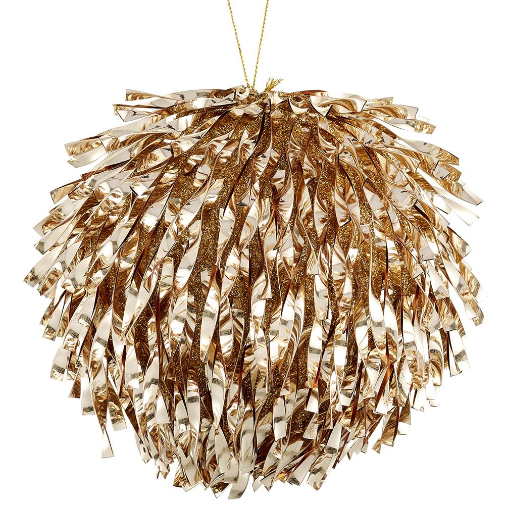 6-inch gold glittered tinsel ball ornament with metallic ribbons and a hanging string.