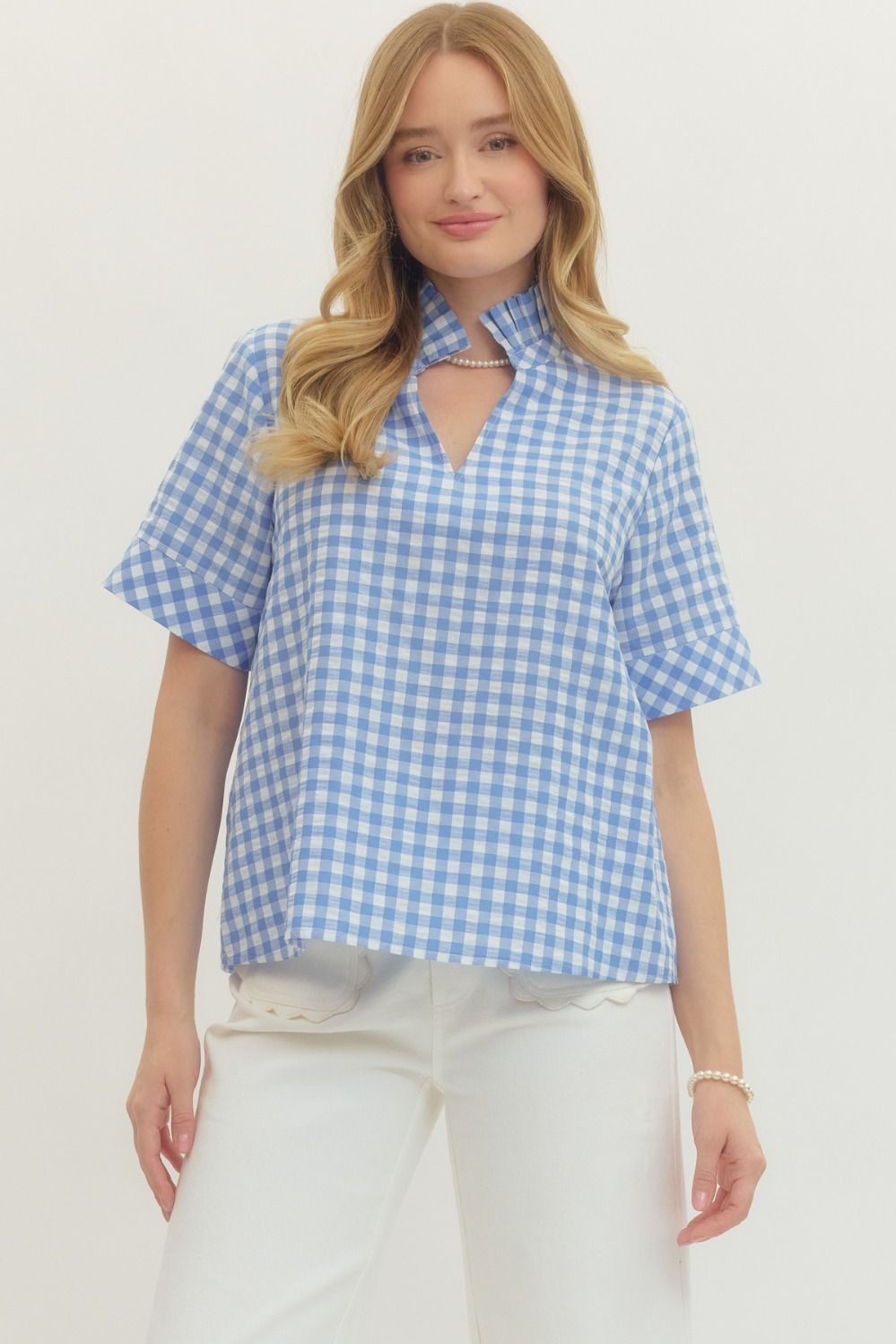 Natalie gingham short sleeve top with stand collar V-neck in white cotton
