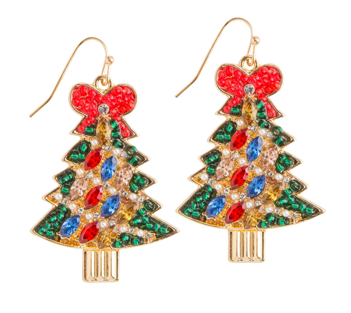 Crystal Christmas tree earrings with red seed bead bows and colorful gemstone ornaments.