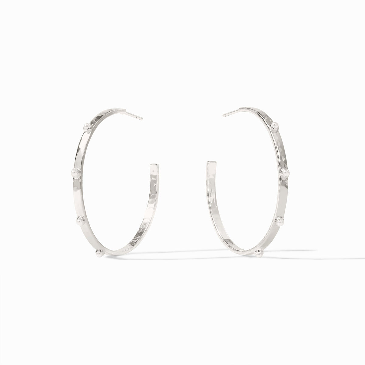 Medium silver hoop earring with hammered texture and reconstituted gemstone accents.