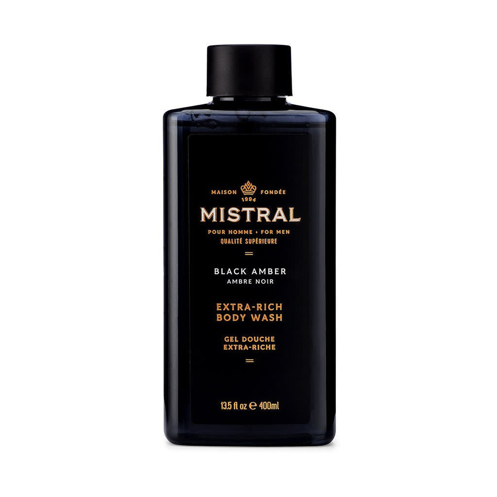 Bottle of Black Amber body wash with amber liquid visible through clear packaging.