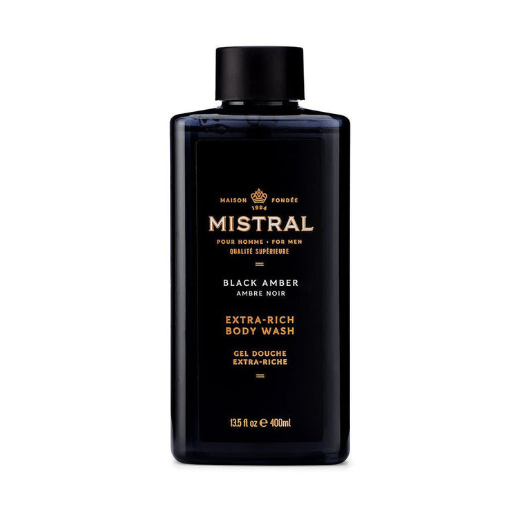 Bottle of Black Amber body wash with amber liquid visible through clear packaging.