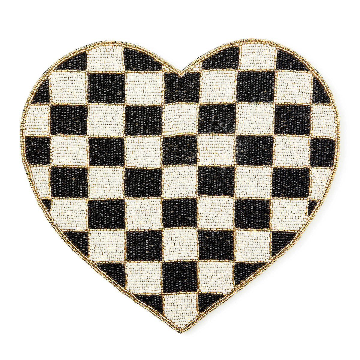 Black and white checkered heart-shaped placemat made of polyester cotton with bead embellishments.