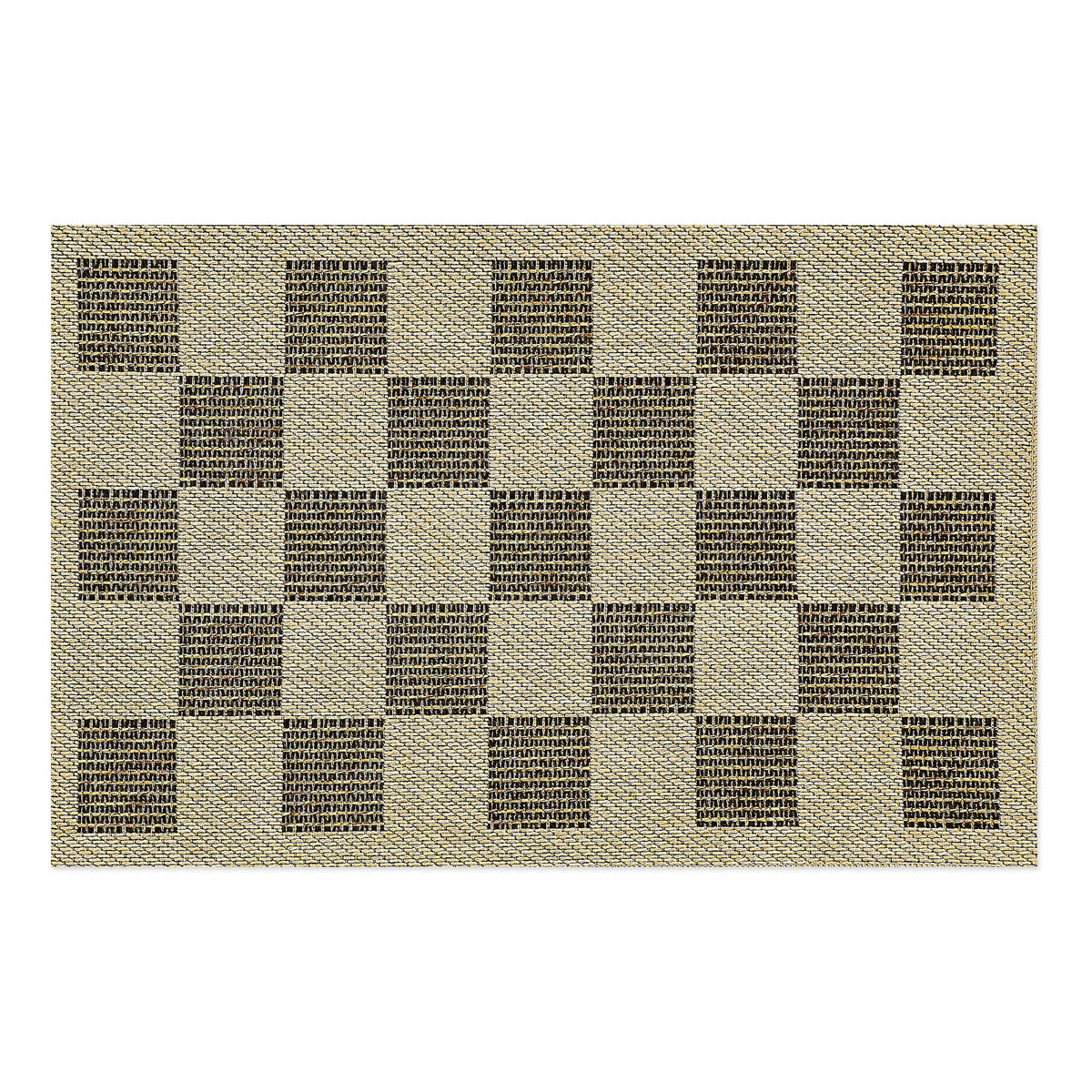 Black checkered indoor/outdoor rug made of polypropylene with a woven pattern.