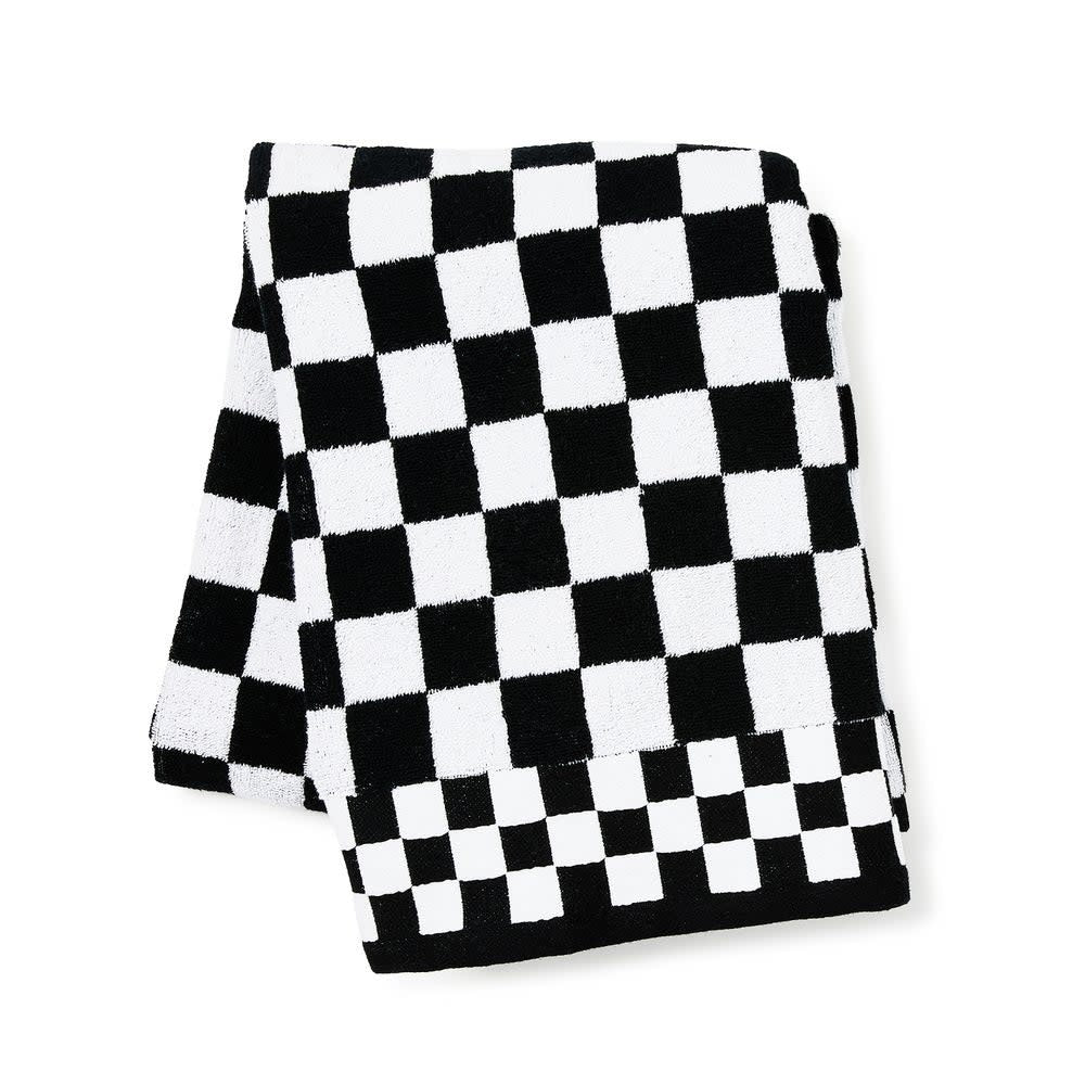 Black cotton bath towel with white checkered pattern
