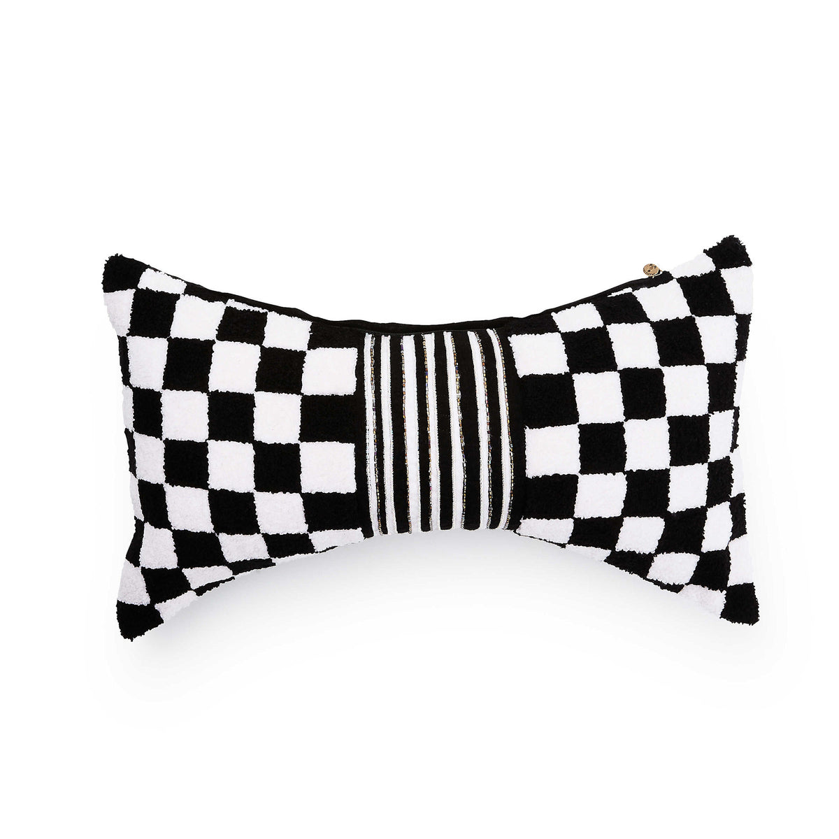 Black chenille check throw pillow with a beaded band bow accent