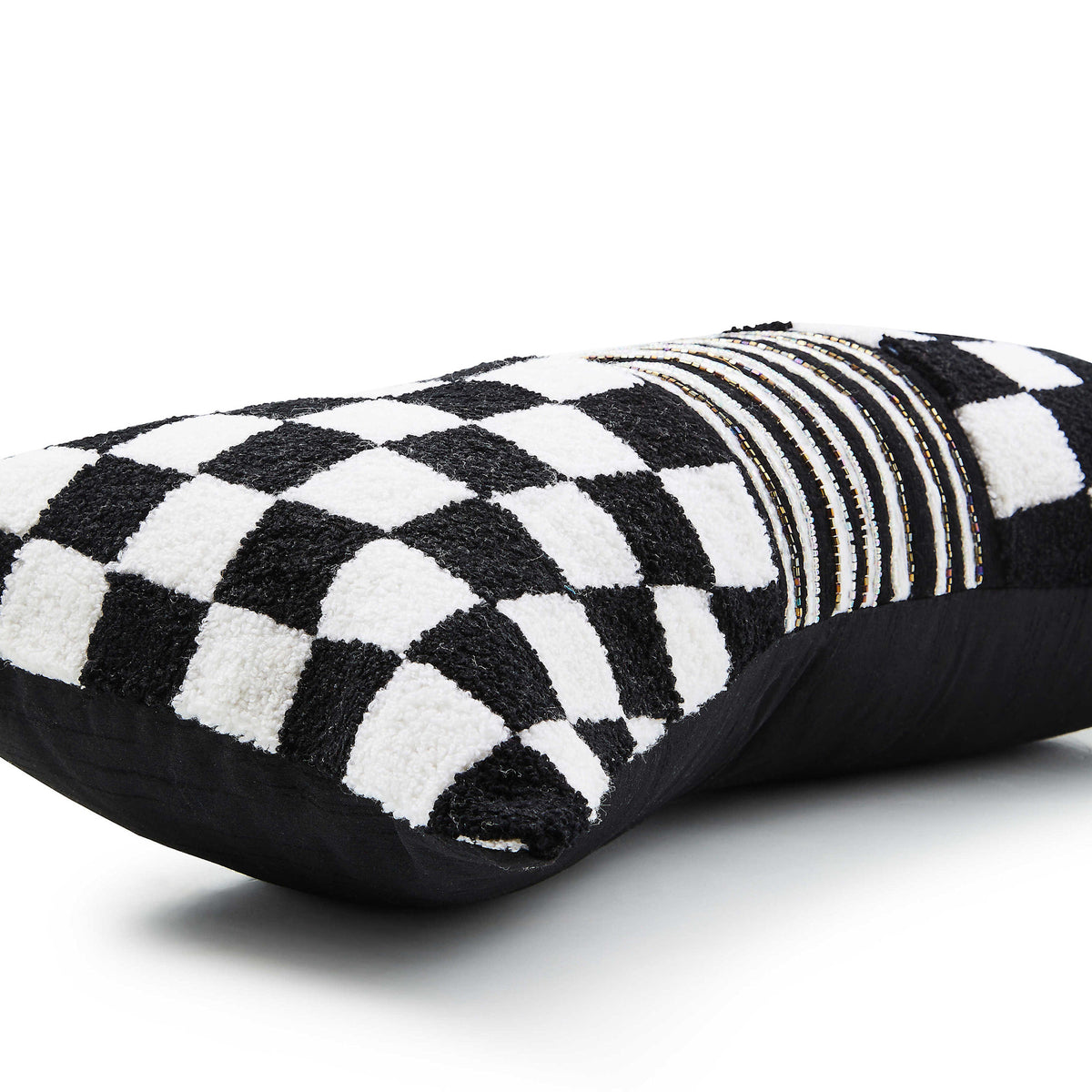 Black chenille check throw pillow with a beaded band bow detail.