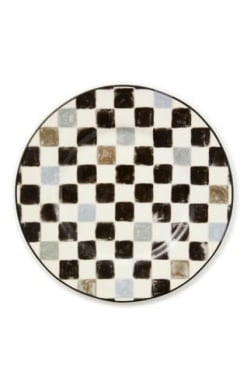 Black check stoneware dinner plate with an 11-inch diameter.
