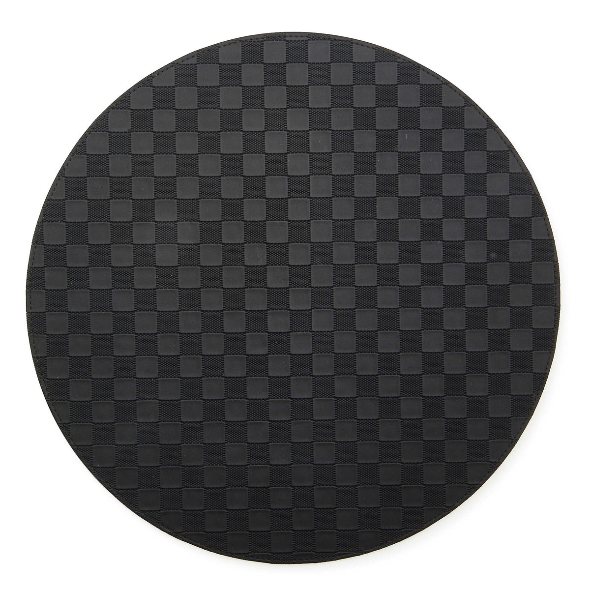 Black faux leather round placemat with embossed check pattern