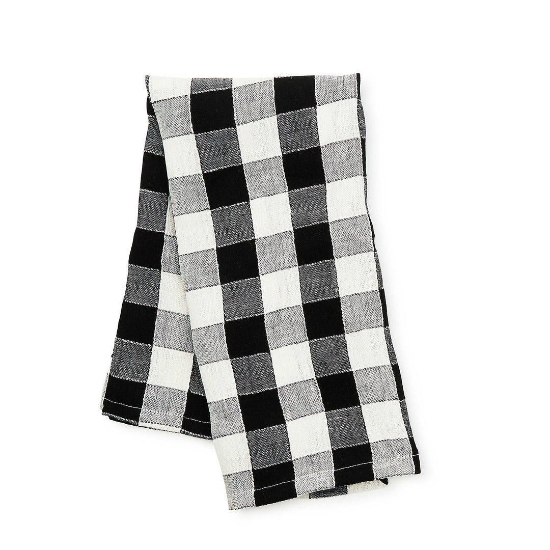 Black checkered linen dish towel with a woven texture.