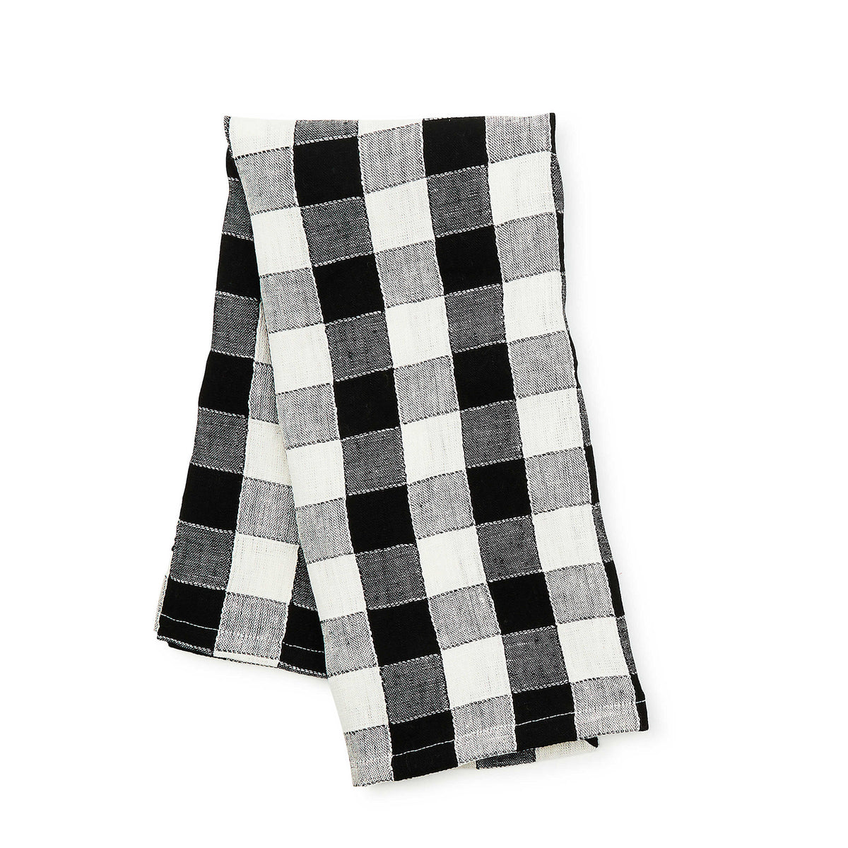 Black checkered linen dish towel with a woven texture.