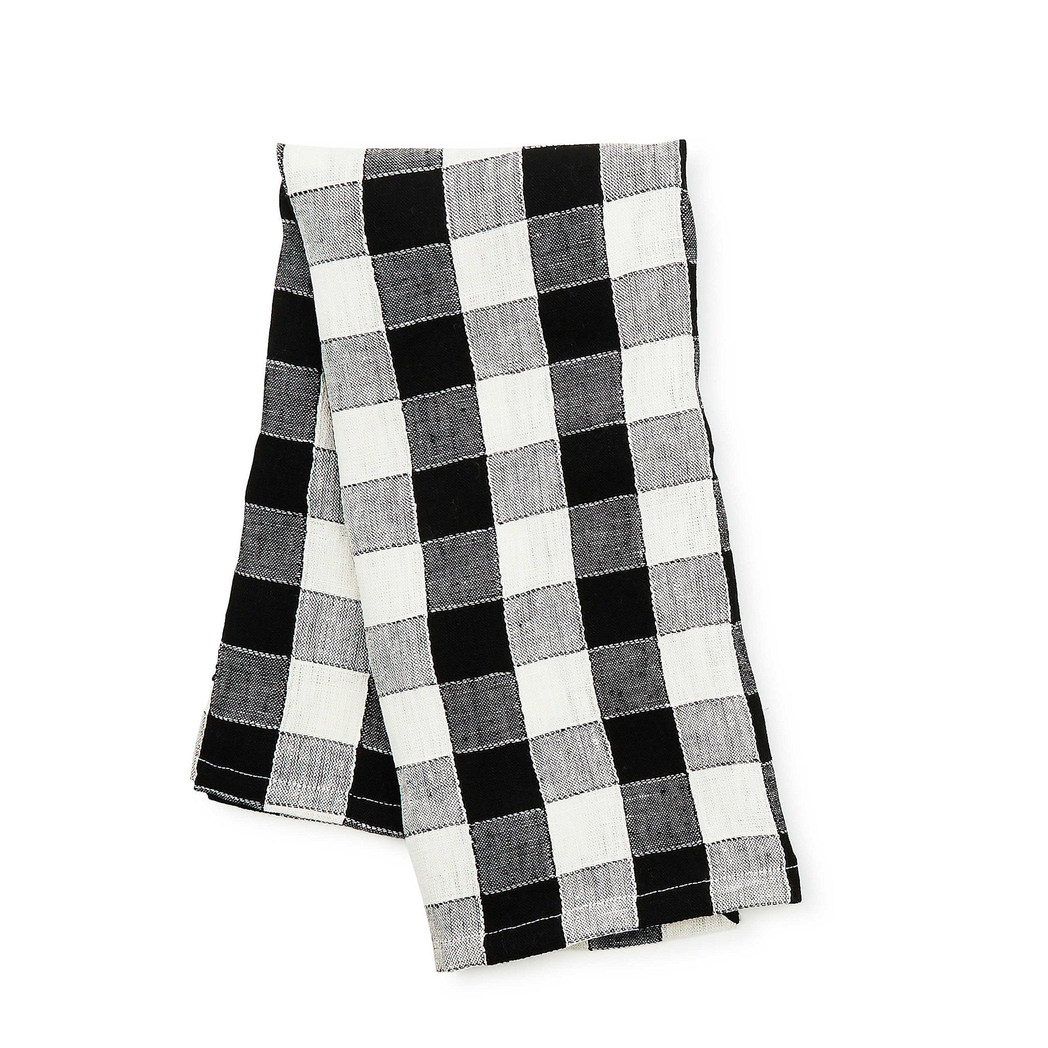 Black checkered linen dish towel with a woven texture.
