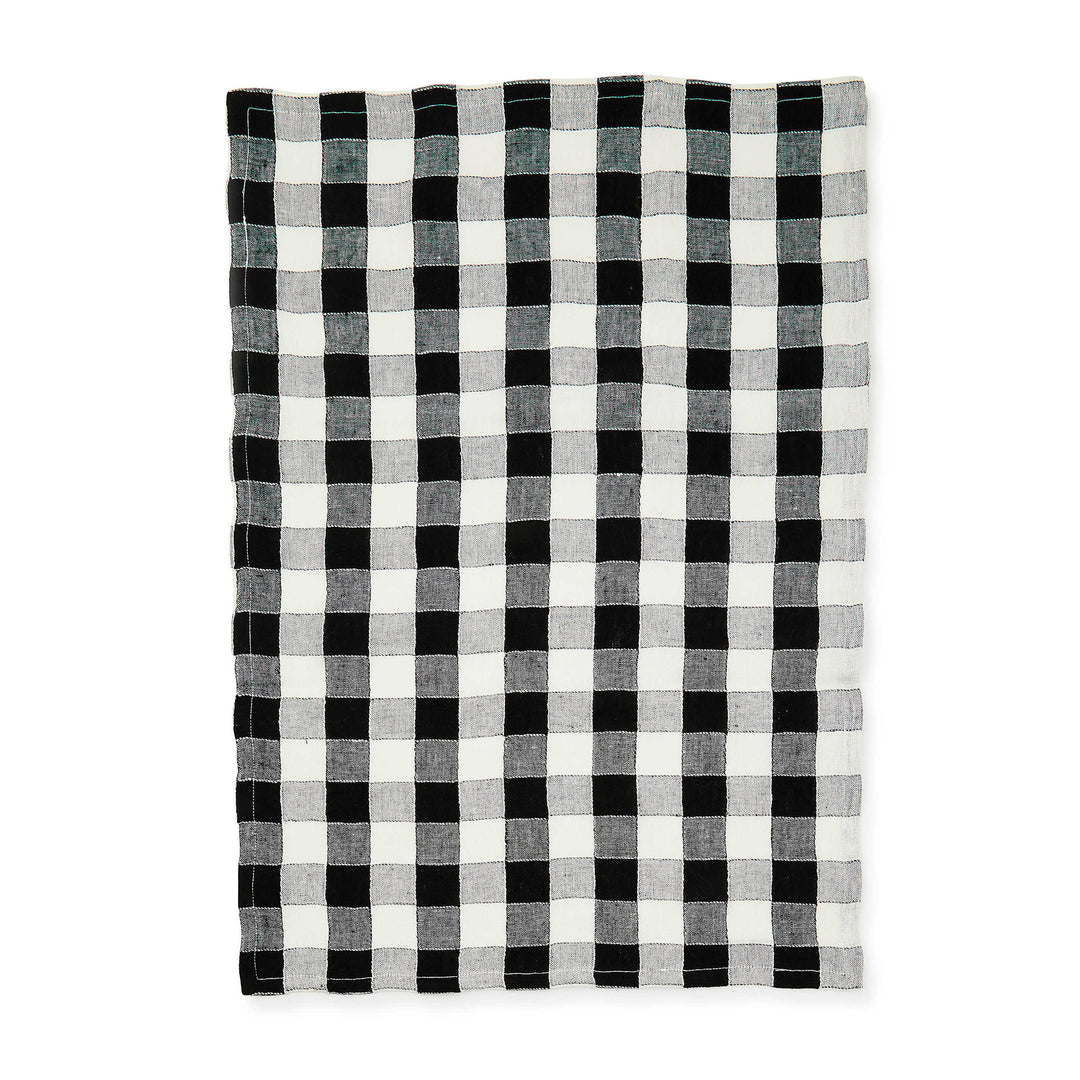 Black checkered linen dish towel with a woven texture.